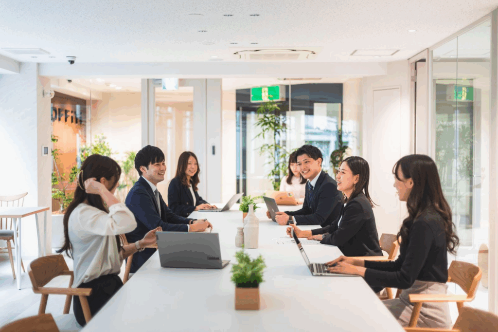 淀屋橋のレンタルオフィス、オッフィツ内の会議室で打ち合わせをする企業のスタッフ
